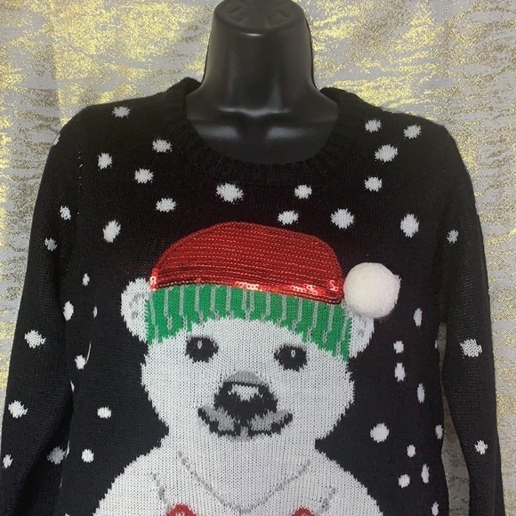 Vintage🧚♀️black ugly Christmas polar bear with polka dot print sweater size M - Picture 5 of 15